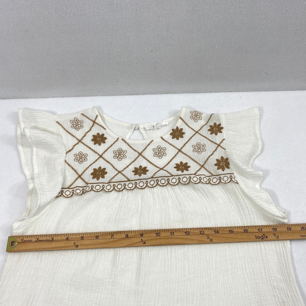MINE Blouse Womens Large White Gauze Tan Floral Embroidered Boho Festival Top - Picture 5 of 8